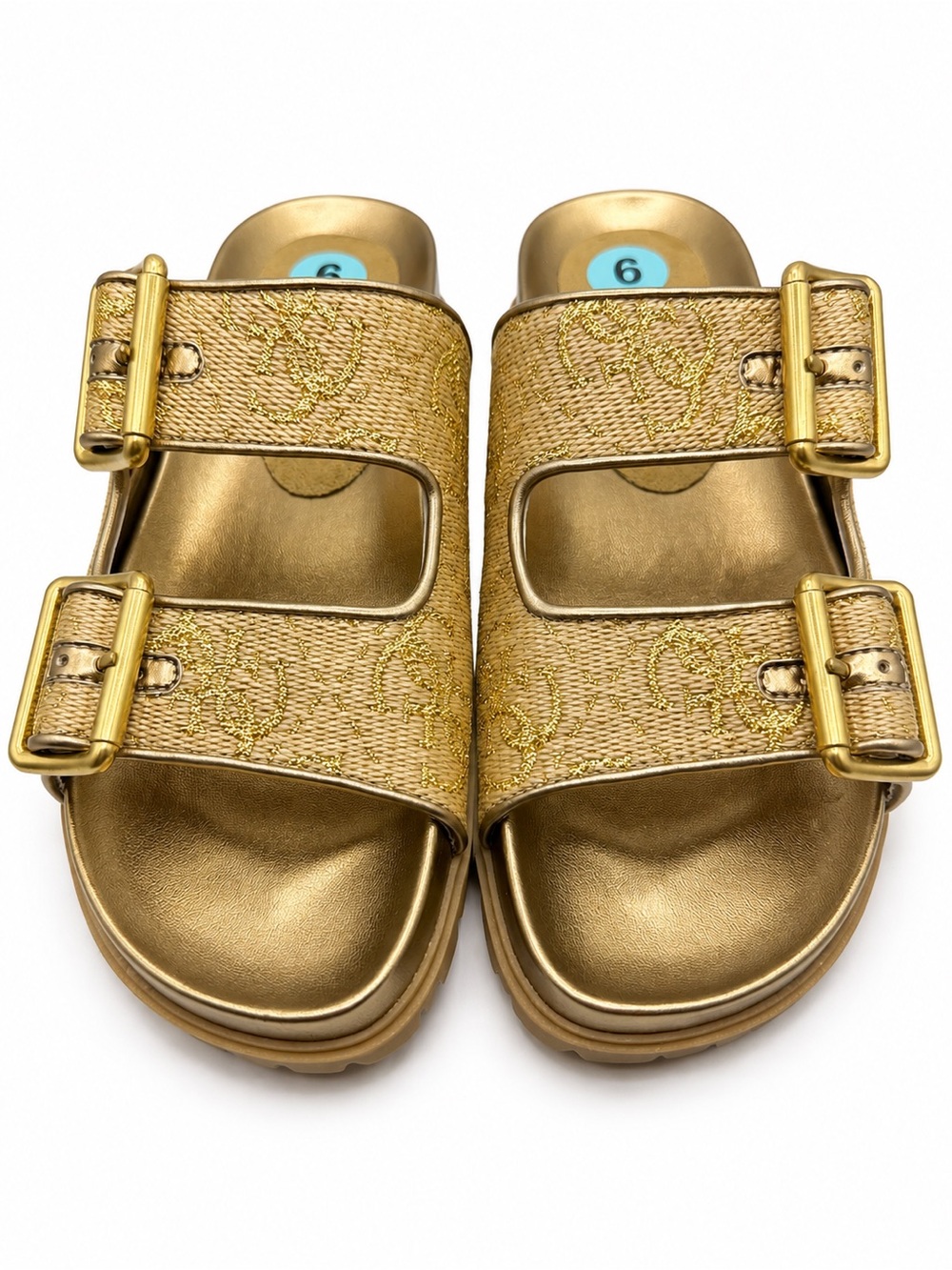 Guess Gold Slide Sandals with Buckles - Size 6